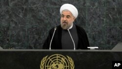 Presiden Iran Hassan Rouhani berbicara dalam pertemuan mengenai pelucutan senjata nuklir pada sidang Majelis Umum PBBB (26/9). (AP/Mike Segar)