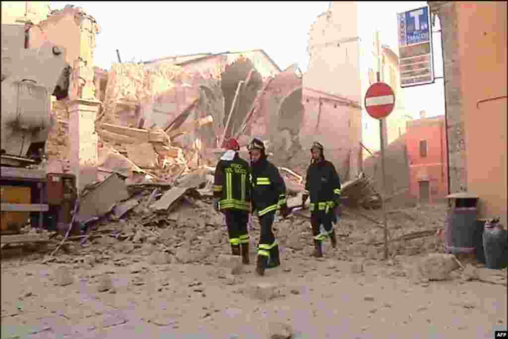 This handout TV grab released by Italian broadcast Sky Tg24 shows the destroyed basilica of Norcia after an 6.6 magnitude earthquake, Oct. 30, 2016.