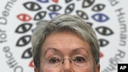 Swiss diplomat Heidi Tagliavini, the head of the OSCE, speaks during news conference in Moscow, Russia, Monday, December 5, 2011.