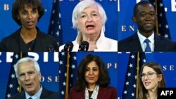 Foto kombinasi pejabat ekonomi teratas AS yang diperkenalkan Presiden Terpilih Joe Biden di The Queen Theatre, Wilmington, Delaware, 1 Desember 2020. Searah jarum jam: Cecilia Rouse, Janet Yellen, Wally Adeyemo, Heather Boushey, Neera Tanden dan Jared Bernstein. 