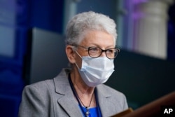 FILE - National Climate Adviser Gina McCarthy speaks during a press briefing at the White House in Washington, Jan. 27, 2021.