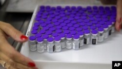 FILE - A health worker holds a tray with vials of the Pfizer vaccine for COVID-19 during a priority vaccination program at a community medical center in Sao Paulo, Brazil, May 6, 2021. 