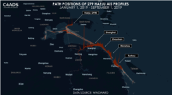 지난해 1~9월 북한 해주만에서 모래 채취와 운반에 동원된 것으로 보이는 선박 279척의 선박자동식별시스템(AIS) 신호를 기반으로 이동 경로를 표시한 지도. 사진 제공: C4ADS/WINDWARD.