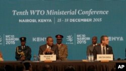 Director General of the World Trade Organisation, Roberto Carvalho, right, the Liberian President, Johnson Sirleaf, left, and Kenyan President, Uhuru Kenyatta, center, during the official opening of the Tenth WTO Ministerial Conference in Nairobi, Kenya,