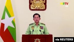 Myanmar's military junta leader, General Min Aung Hlaing, speaks in a media broadcast in Naypyitaw, Myanmar, Feb. 8, 2021.