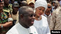 FILE PHOTO: Sierra Leone's President and ruling party candidate Julius Maada Bio speaks after casting his vote at the 2023 Sierra Leone general election