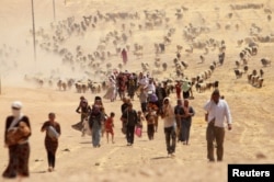 Displaced people from the minority Yazidi sect, fleeing violence from forces loyal to the Islamic State in Sinjar town, walk towards the Syrian border, on the outskirts of Sinjar mountain.