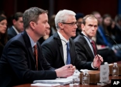 Twitter's acting General Counsel Sean Edgett, from left, Facebook's General Counsel Colin Stretch and Google's Senior Vice President and General Counsel Kent Walker, testify before a House Intelligence Committee hearing on Capitol Hill in Washington, Nov. 1, 2017.