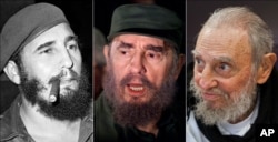 This combo of three file photos shows Fidel Castro, from left; smoking a cigar in Havana, Cuba, April 29, 1961; speaking to the media while on a mission to collect Elian Gonzales in Washington, D.C., April 6, 2000; and at his Havana home on Feb. 13, 2016.