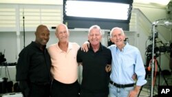 This photo shows Jessay Martin, 68, from left, Robert Reeves, 78, Michael Peterson, 65, and William Lyons, 77, in Cathedral City, Calif., in November 2020. (Ryan Yezak via AP)