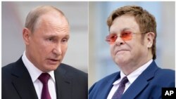 This combination photo shows Russian President Vladimir Putin in Moscow, June 20, 2019, left, and singer Elton John at a ceremony presenting him with the Legion of Honor at the presidential Elysee Palace in Paris. 