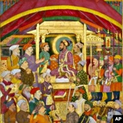 Shah Jahan Receives the Persian Ambassador, ink, colors and gold on paper from around 1633.