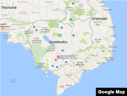 A map showing Cambodia and Vietnam. The Mekong Delta is the tip of land at the southern point of the two countries.