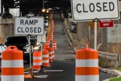 A street is closed due to work in the road in Jersey City, New Jersey, March 31, 2021.