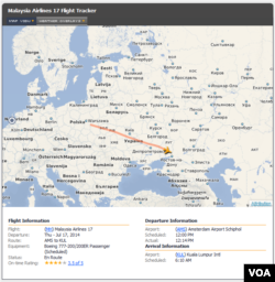 Malaysia Airlines MH 17 partial flight path from Amsterdam, July 17, 2014