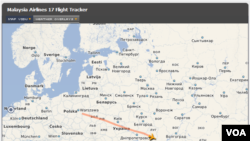 7月17日，马来西亚MH17号航班从阿姆斯特丹起飞后的路线图。