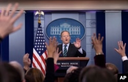 White House press secretary Sean Spicer speaks during the daily briefing at the White House in Washington, Jan. 25, 2017. Spicer has accused journalists of "cherry picking" information on the wiretapping story.