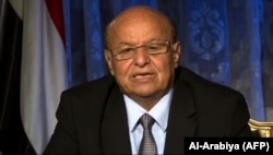 An image from Dubai-based Al-Arabiya satellite television shows Yemen's exiled President Abd-Rabbu Mansour Hadi in a televised speech from the Saudi capital, Riyadh, April 21, 2015.