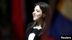 FILE - Maria Alejandra Vicuna, the vice president of Ecuador, smiles to the audience after she was elected by the National Assembly in Quito, Ecuador, Jan. 6, 2018. 