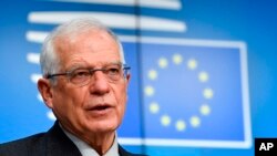 លោក Josep Borrell ប្រធាន​គោល​នយោបាយ​ការបរទេស​សហភាព​អឺរ៉ុប ថ្លែងទៅកាន់អ្នកសារព័ត៌មាននៅក្នុងសន្និសីទសារព័ត៌មាមួយ នៅទីស្នាក់ការកណ្តាលរបស់សហភាពអឺរ៉ុបនៅទីក្រុង Brussels ប្រទេសប៊ែលហ្សិក ថ្ងៃទី២៥ ខែមករា ឆ្នាំ២០២១។