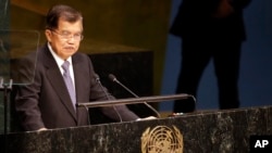 Wakil Presiden Jusuf Kalla saat menyampaikan pidato di Sidang Umum PBB di New York, Sabtu (26/9).