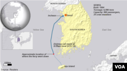 South Korea, approximate location of ferry sinking