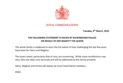 This handout provided by Buckingham Palace shows a statement issued on behalf of Britain's Queen Elizabeth, March 9, 2021.