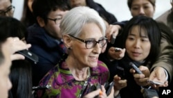 FILE- U.S. Deputy Secretary of State Wendy Sherman speaks to reporters after her meeting in Seoul, South Korea, Thursday, Jan. 29, 2015. (AP Photo/Ahn You