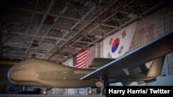 해리 해리스 주한 미국 대사는 19일 트위터에 ‘대한민국공군’ 글자가 적힌 무인정찰기 ‘글로벌호크’ 1기 사진을 공개했다. 사진 출처: 해리 해리스 주한 미국 대사 트위터 캡처