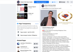 Screen capture from the Facebook page of Global Talk News Radio, congratulating its host Herman Laurel for becoming a laureate of the Award for Promoting Philippines-China Understanding (APPCU) for 2021 on August 7, 2021.