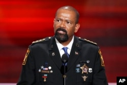 David Clarke, Sheriff of Milwaukee County, Wis., speaks during the opening day of the Republican National Convention in Cleveland, July 18, 2016.