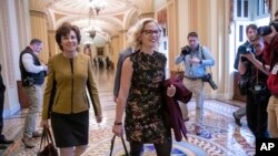 애리조나주 연방 상원의원 선거에서 승리한 민주당 소속 커스텐 시네마 후보(가운데)가 13일 척 슈머 상원 민주당 대표와 만나기 위해 워싱턴의 연방 의사당에 도착했다.