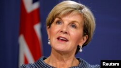 FILE - Australian Foreign Minister Julie Bishop speaks at a joint press conference with New Zealand's Foreign Minister Gerry Brownlee in Sydney, Australia, May 4, 2017. 