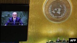 Israeli Prime Minister Benjamin Netanyahu speaks during the 79th Session of the United Nations General Assembly at the United Nations headquarters in New York City on September 27, 2024.