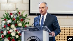 Major League Baseball Commissioner Rob Manfred speaks during "A Celebration of Henry Louis Aaron," a memorial service celebrating the life and enduring legacy of the late Hall of Famer and American icon, on Jan. 26, 2021, at Truist Park in Atlanta.