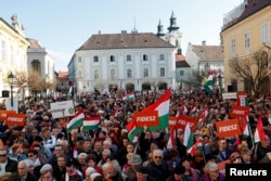 Supporters of Hungarian Prime Minister Viktor Orban are seen before his campaign closing rally in Szekesfehervar, Hungary, April 6, 2018.