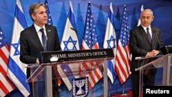 Le Premier ministre israélien Benjamin Netanyahu et le secrétaire d'État américain Anthony Blinken tiennent une conférence de presse conjointe à Jérusalem, le 25 mai 2021. 