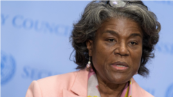 린다 토머스-그린필드 유엔주재 미국대사가 20일 뉴욕 유엔본부에서 북한 문제에 관한 안보리 비공개 회의에 앞서 8개국 공동성명을 발표했다.