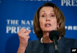 FILE - House Minority Leader Nancy Pelosi of California speaks during a news conference at the National Press Club in Washington, Feb. 27, 2017.