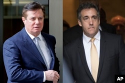 In these 2018 photos, Paul Manafort, left, leaves federal court in Washington, and attorney Michael Cohen leaves federal court in New York.
