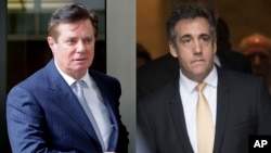 In these 2018 photos, Paul Manafort leaves federal court in Washington, left and attorney Michael Cohen leaves federal court in New York.