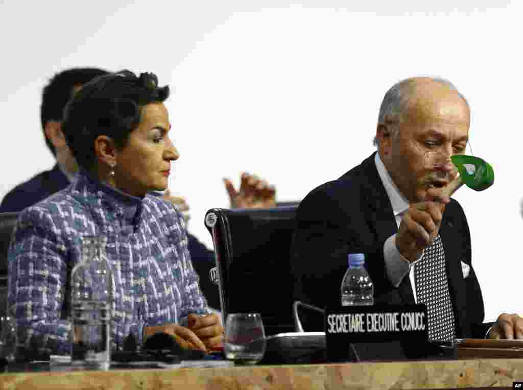 French Foreign Minister and president of the COP21 Laurent Fabius uses to hammer to to mark the adoption of the agreement while United Nations climate chief Christiana Figueres looks on.