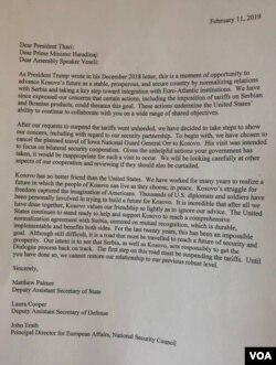 Pismo zvaničnika SAD upućeno kosovskim liderima