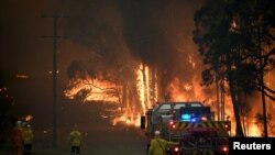 NSW Rural Fire Service crews fight a fire as it burns close to property on Wheelbarrow Ridge Road at Colo Heights, north west of Sydney, Australia, November 19, 2019.