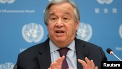 Sekretaris Jenderal PBB Antonio Guterres dalam konferensi pers dari kantor pusat PBB di New York, Amerika Serikat, 20 November 2020.