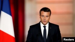 French President Emmanuel Macron delivers a speech during his inauguration at the handover ceremony at the Elysee Palace in Paris, May 14, 2017.