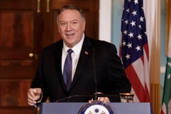 FILE - Secretary of State Mike Pompeo speaks to media during a news conference with Lebanese Prime Minister Saad Hariri at the State Department in Washington, Aug.15, 2019.