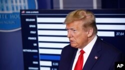 도널드 트럼프 대통령이 18일 백악관에서 기자회견을 하고 있다.