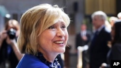 Hillary Rodham Clinton greets members of the audience following her speech at the David N. Dinkins Leadership and Public Policy Forum, April 29, 2015, in New York.