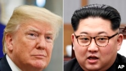 FILE- In this combination of file photos, U.S. President Donald Trump, left, in the Oval Office of the White House in Washington on May 16, 2018, and North Korean leader Kim Jong Un in a meeting with South Korean leader Moon Jae-in in Panmunjom, South Ko